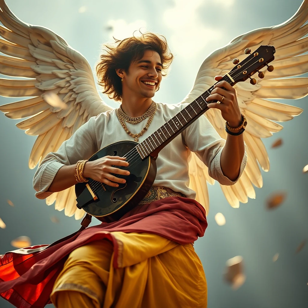 hip level shot of a Male Archangel, the Man is Smiling, Playing a musical instrument, the Archangel is wearing a [Shrug|Jodhpurs], It is Baroque, Ultra Real, 80mm, creative,…