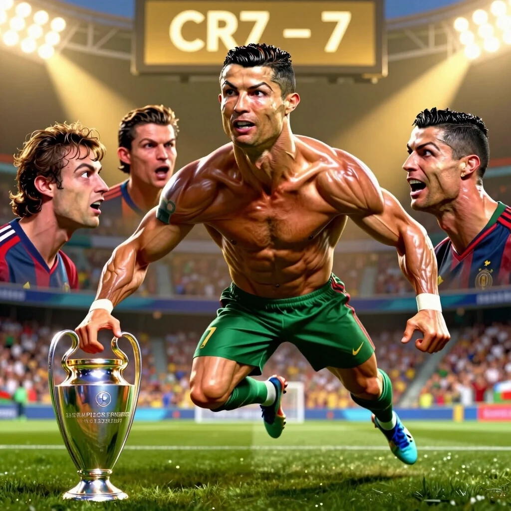 Hyper-exaggerated, grotesque caricature of Cristiano Ronaldo, instantly recognizable by his chiseled jawline, slicked-back hair, and trademark "SIUUU" celebration pose…
