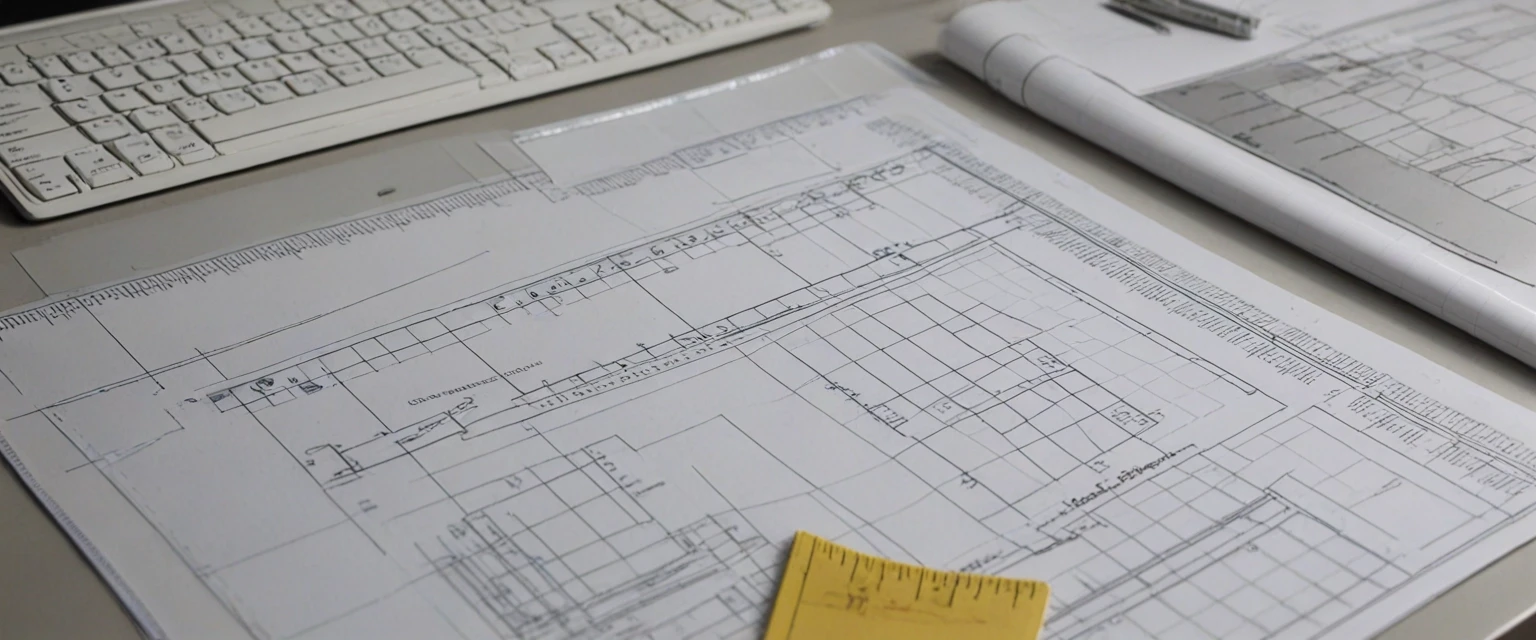 Photorealistic, frontal view of a clothing pattern design bureau. Foreground: a matte white desk with neatly arranged paper sewing patterns, transparent plastic drafting rulers…