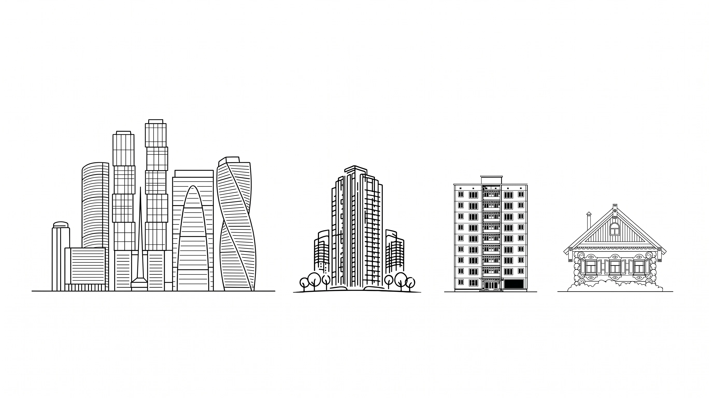 redraw image into vector outline illustration in the same style depicting 4 stages of russian buildings: moscow-city, modern skyscrapers, Khrushchevka, and russian folk izba —…