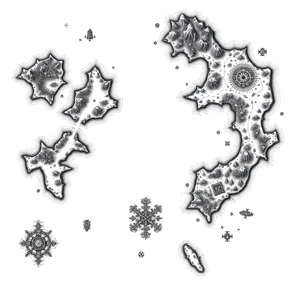 2D top-down authentic gritty dark fantasy large-scale strategic nautical map, high-detail medieval woodcut style, inspired by Tainted Grail: Fall of Avalon. Pure white…
