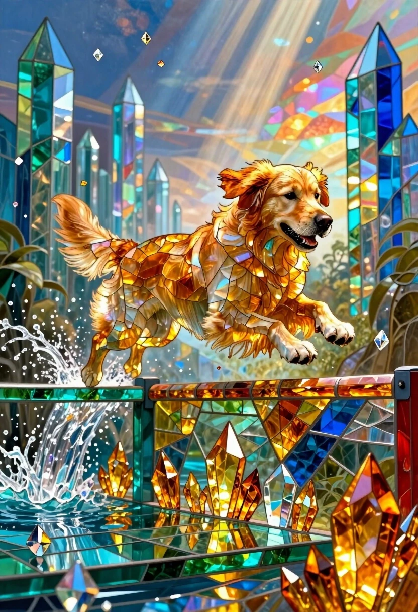 A mesmerizing surreal mosaic mural in the style of a radiant stained glass masterpiece, capturing a dramatic moment of a dog obstacle course. A fluffy Golden Retriever is…