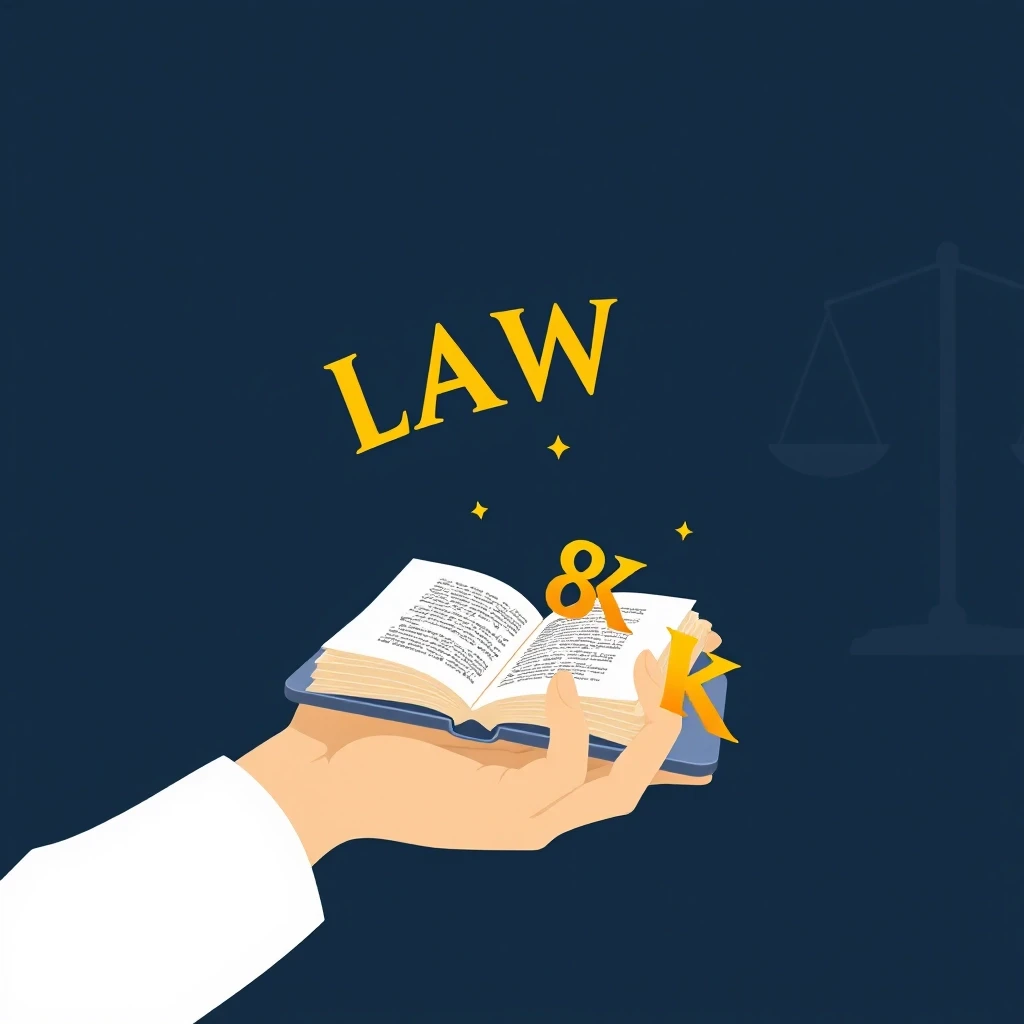 Minimalist poster, dark navy background, a smartphone in a person's hand, a law book with golden letters flying out of the phone, silhouette of a person in the background,…