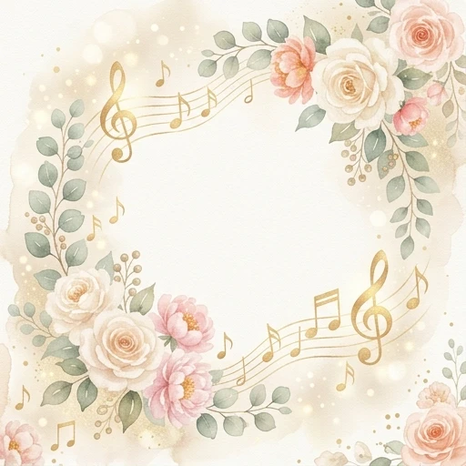 Elegant watercolor-style background for a greeting card. Soft, flowing golden musical notes and delicate treble clefs floating gracefully among blooming pastel roses, peonies,…