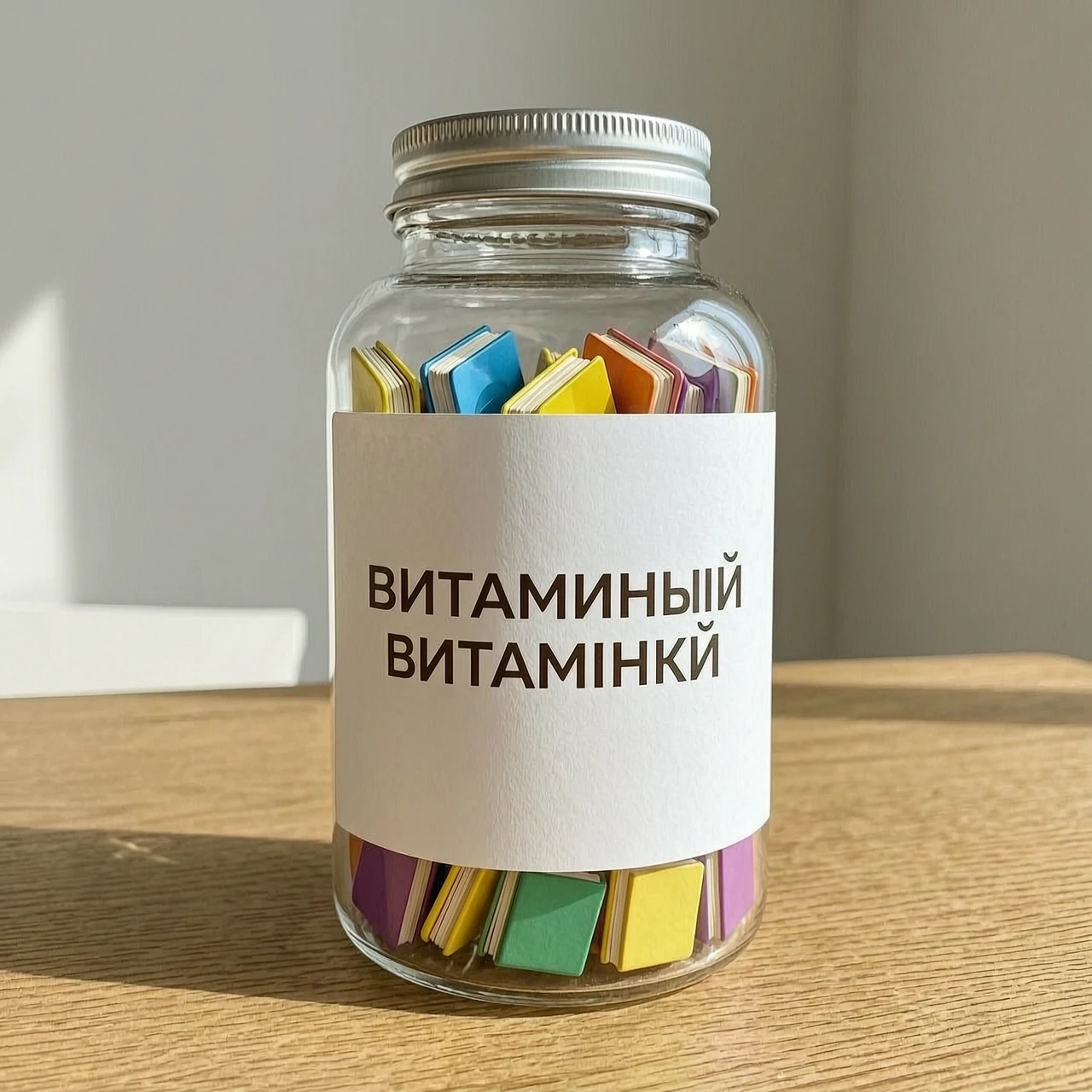 бутылек с разноцветными витаминками , на бутыльке белая этикетка. витаминки в виде книжек — работа пользователя Яркая Саламандра