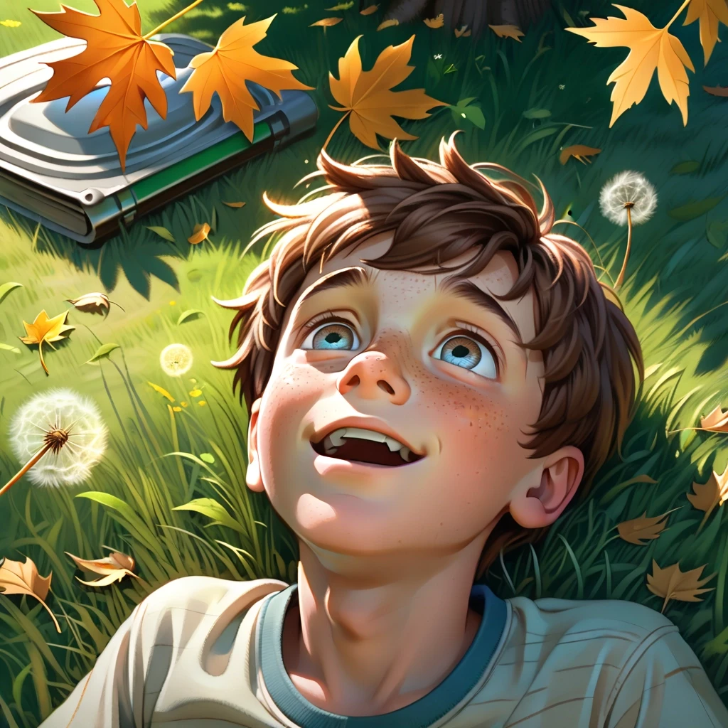 A cinematic illustration from Ray Bradbury's "Dandelion Wine": a 12-year-old boy with short brown hair, freckles and wide excited eyes lying on lush green summer…