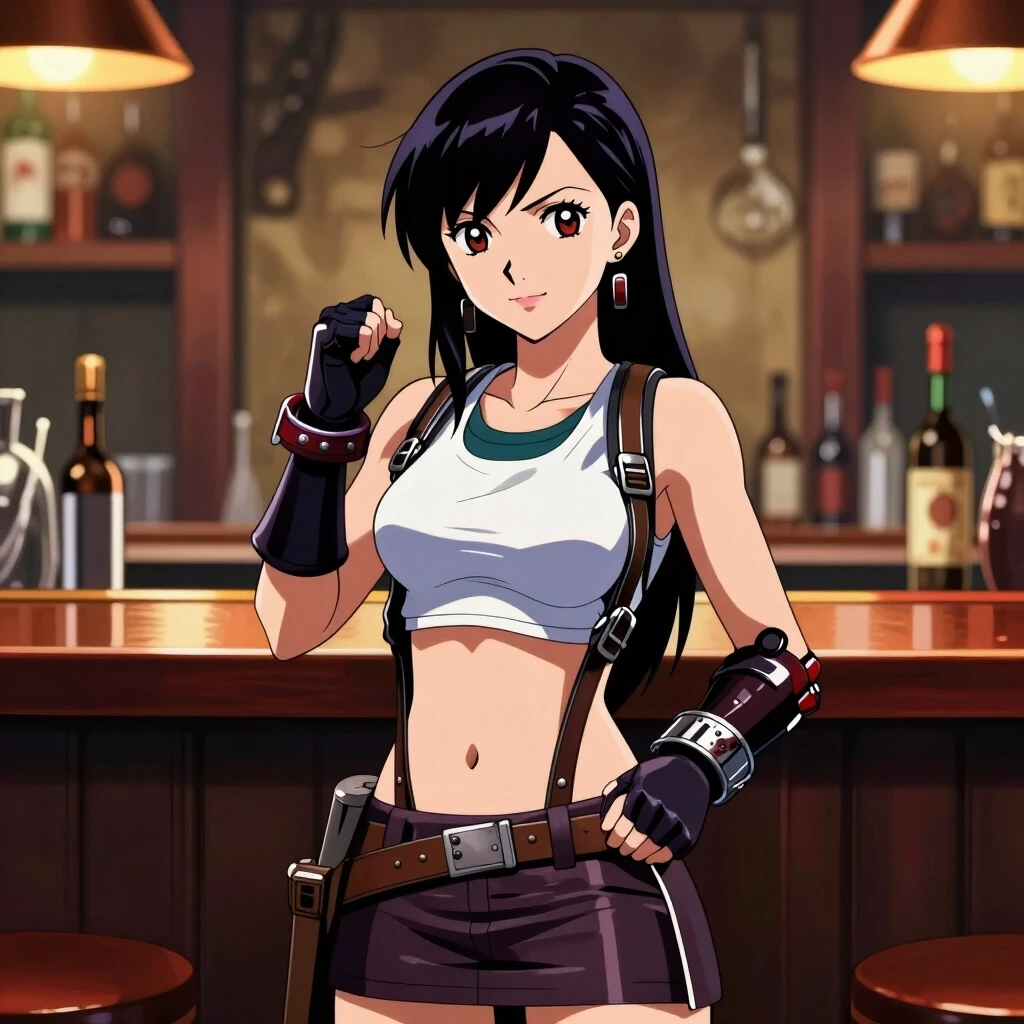 Anime art, girl Tifa Lockhart, standing behind the bar counter, in the role of bartender — работа пользователя Солнечный Лазурь