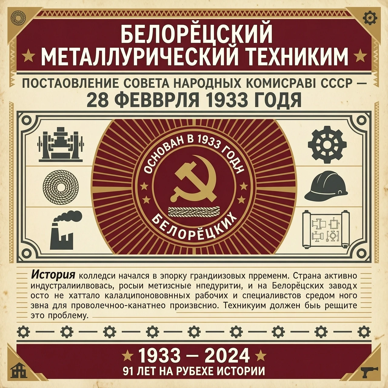 История колледжа началась в эпоху грандиозных перемен. 28 февраля 1933 года Постановлением Совета народных комиссаров СССР был основан Белорецкий металлургический техникум .…