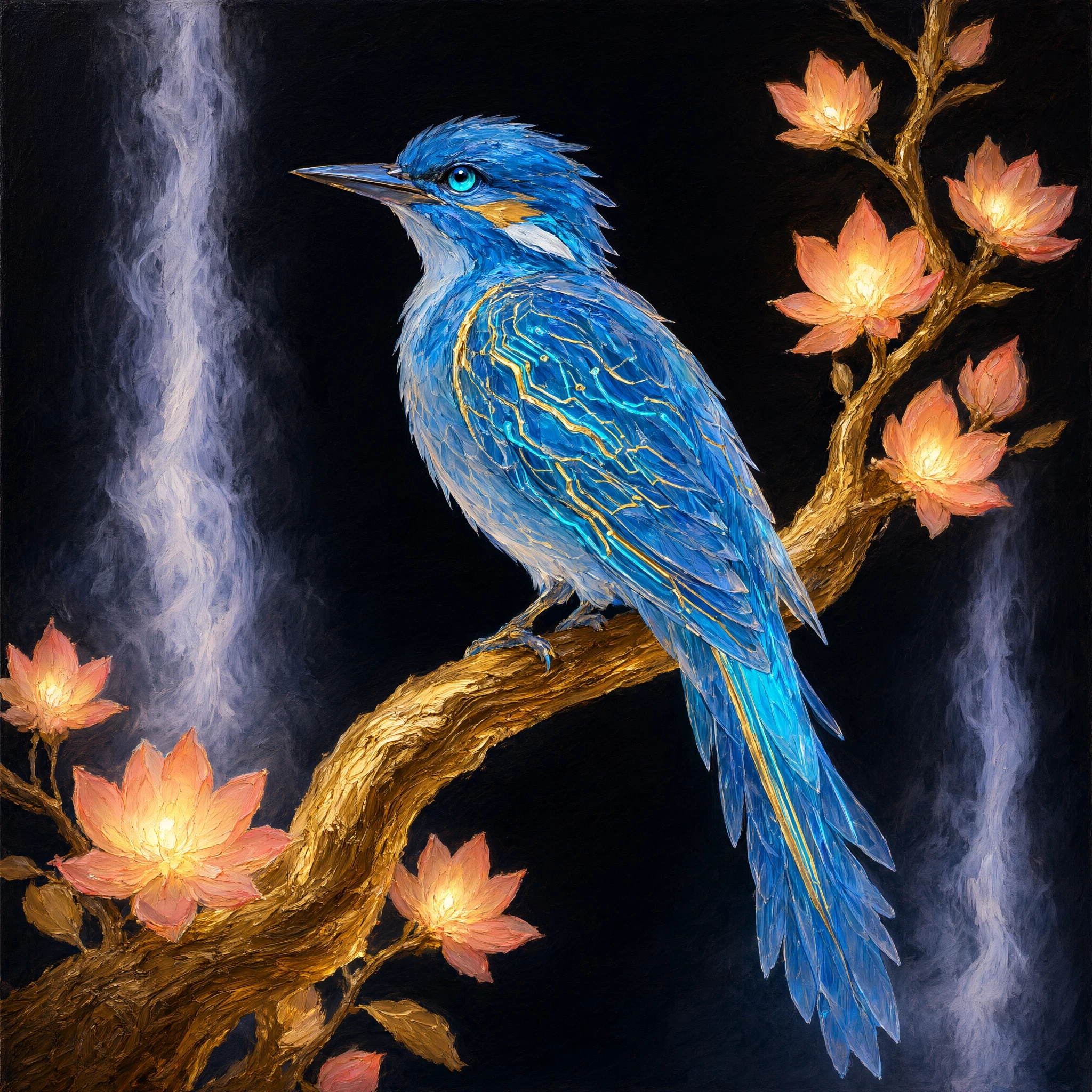 anime oil painting, a luminous blue bird with translucent feathers perches gracefully on a glowing golden branch adorned with stylized blossoms that emit warm light from within…