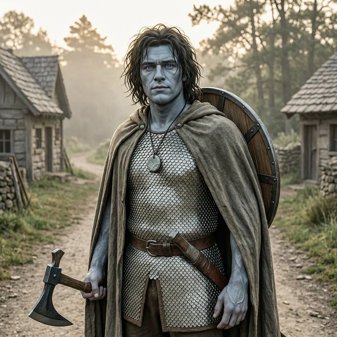 Fantasy character art, portrait of a young male half-goliath half-human adventurer, about 25 human years old. He has a massive, sturdy, muscular build and broad shoulders, but…