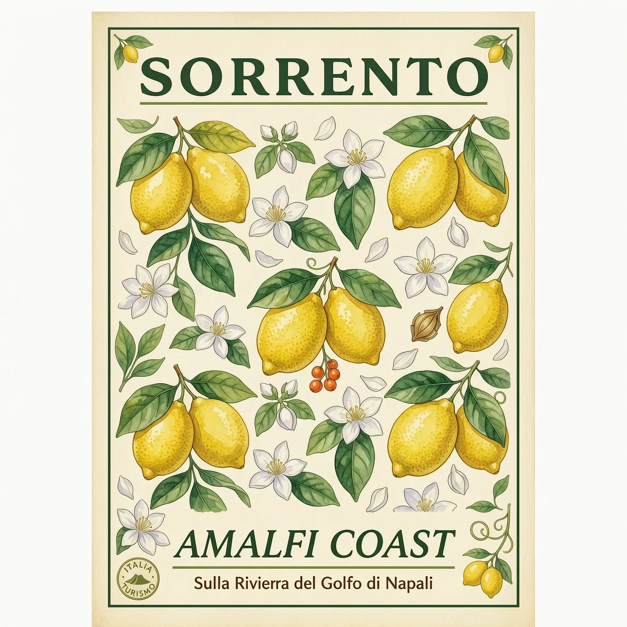 Vintage Italian travel poster, Mediterranean style. Seamless watercolor pattern of ripe yellow lemons, lush green leaves, and delicate white citrus blossoms. Cream-colored paper…
