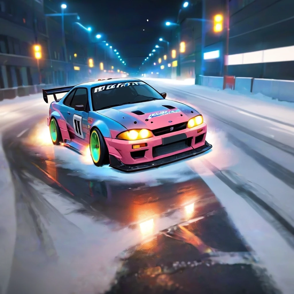 A racing drift car on the road in Saint Petersburg. Neon, snow, vibe, light tones. Realistic — работа пользователя Искрящаяся Лава