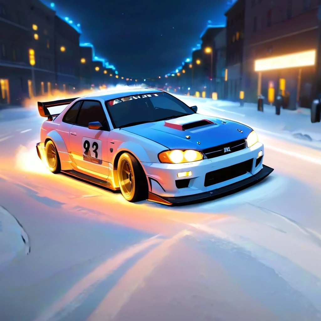 A racing drift car on the road in Saint Petersburg. Neon, snow, vibe, light tones. Realistic — работа пользователя Искрящаяся Лава