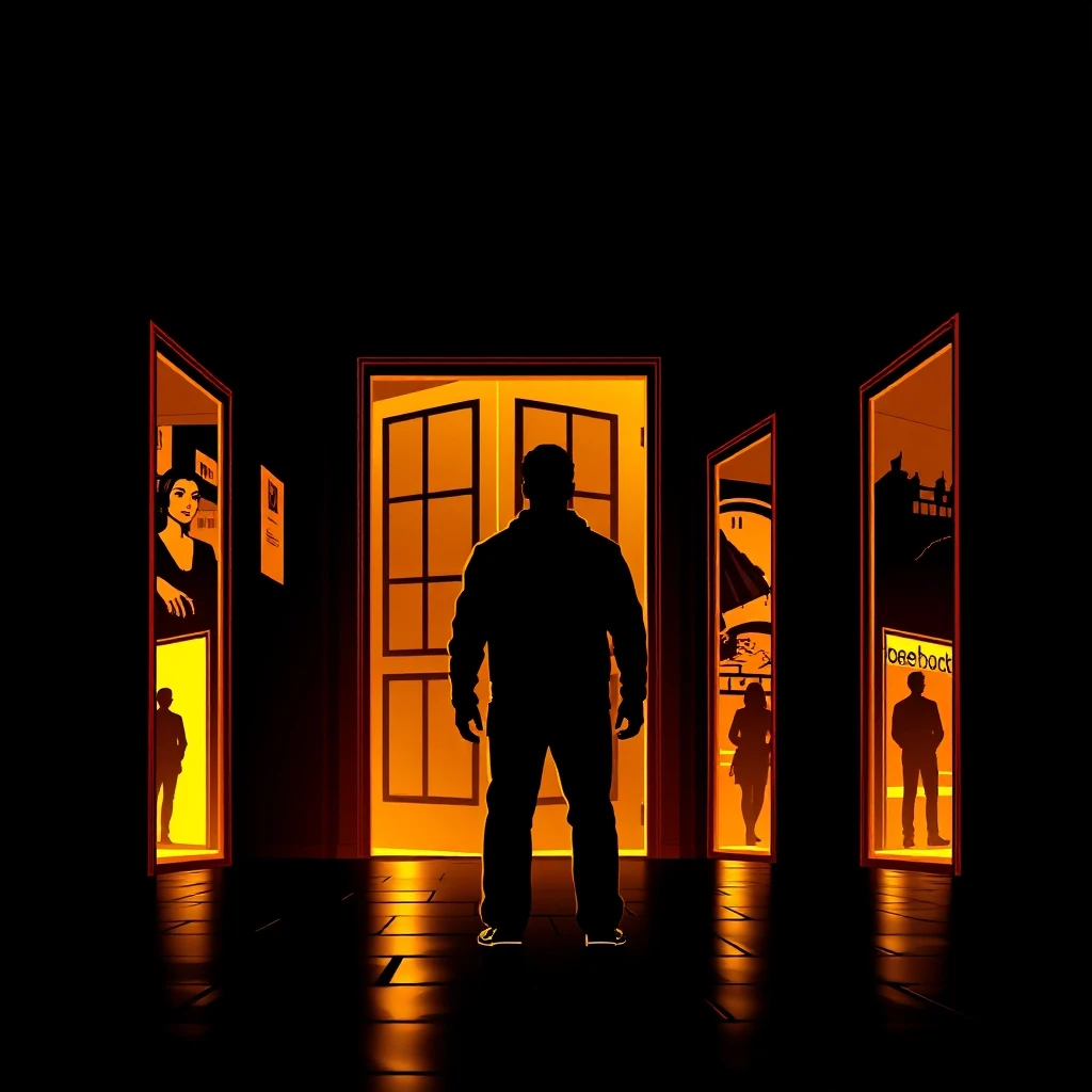 A human silhouette standing between multiple glowing golden doorways in the darkness, each door showing a different scene, comic book style with cinematic dramatic lighting,…