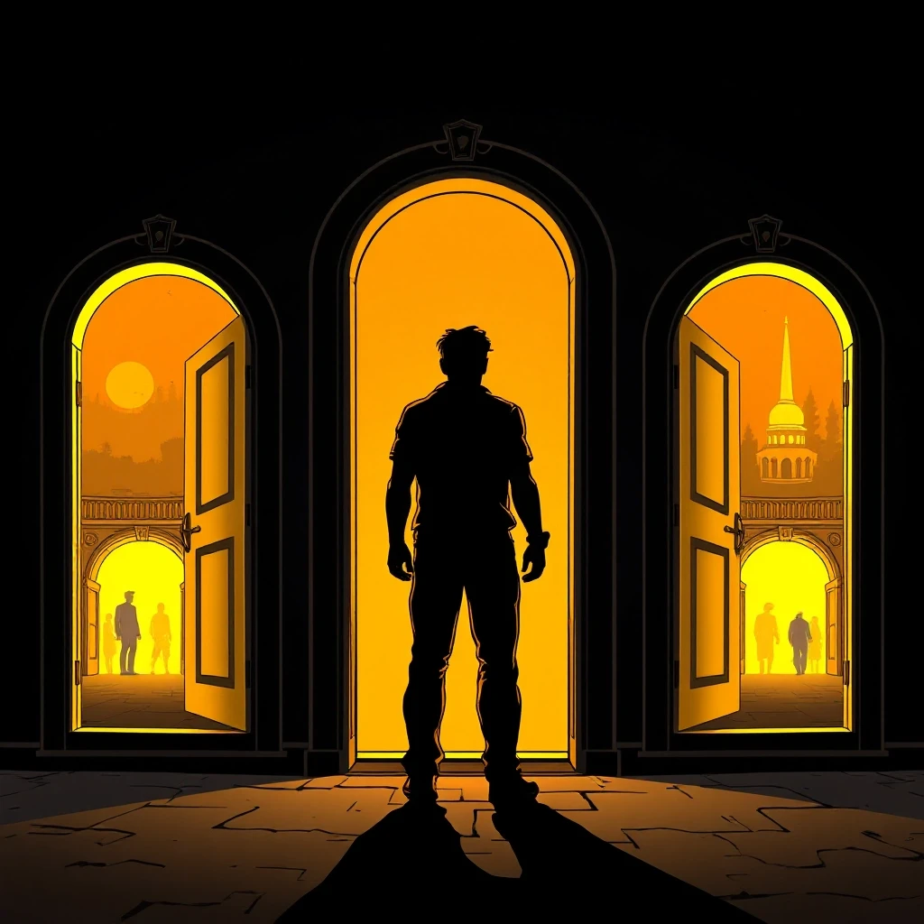 A human silhouette standing between multiple glowing golden doorways in the darkness, each door showing a different scene, comic book style with cinematic dramatic lighting,…