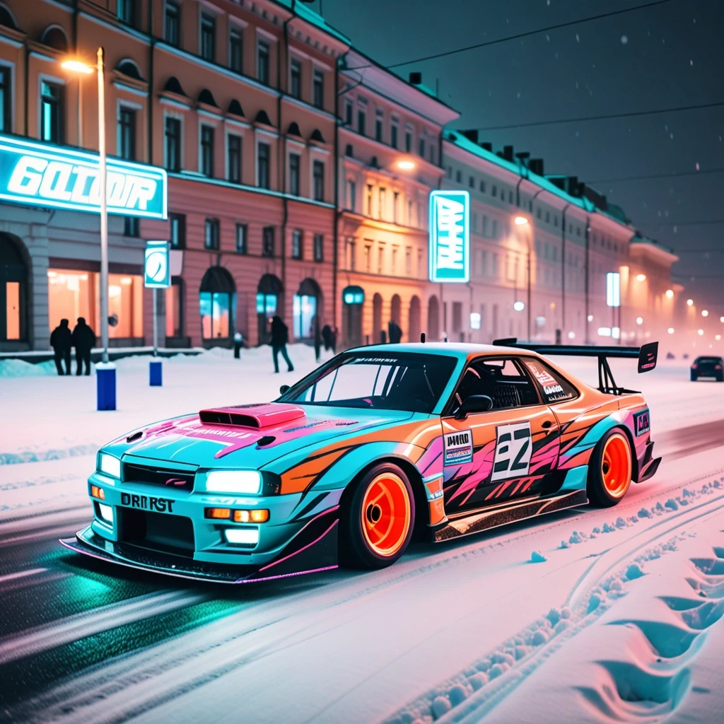 A racing drift car on the road in Saint Petersburg. Neon, snow, vibe, light tones. Realistic — работа пользователя Искрящаяся Лава