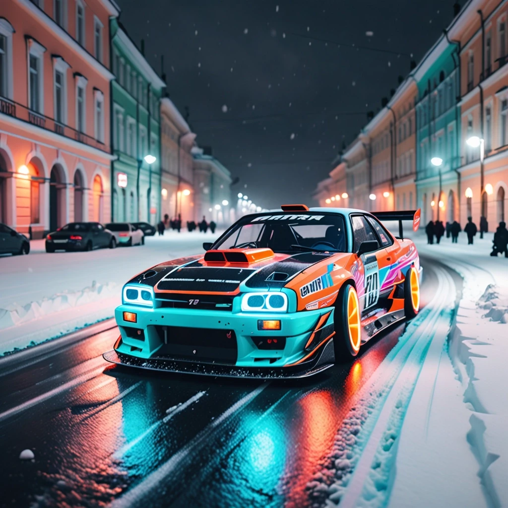 A racing drift car on the road in Saint Petersburg. Neon, snow, vibe, light tones. Realistic — работа пользователя Искрящаяся Лава
