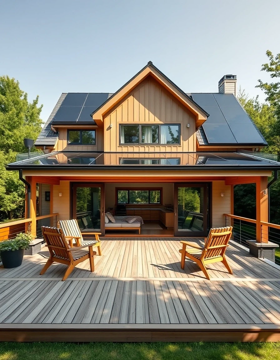 Vertical architectural photography of a stunning two-story family frame house, shot from a low angle. Front view features a large open wooden deck terrace with cozy minimalist…