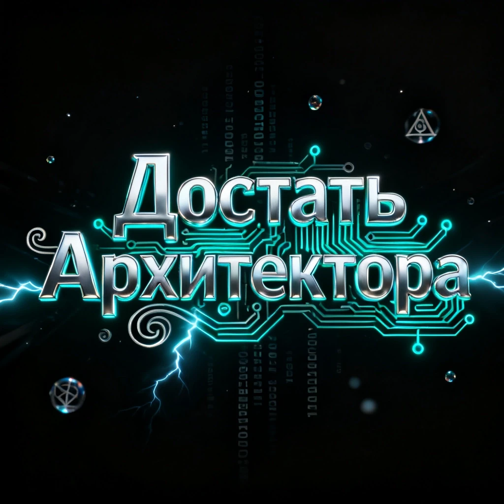 Cinematic glowing title text in Russian: "Достать Архитектора" with circuit-board and runic curlicues, sleek chrome-silver and neon-cyan letters formed from data…