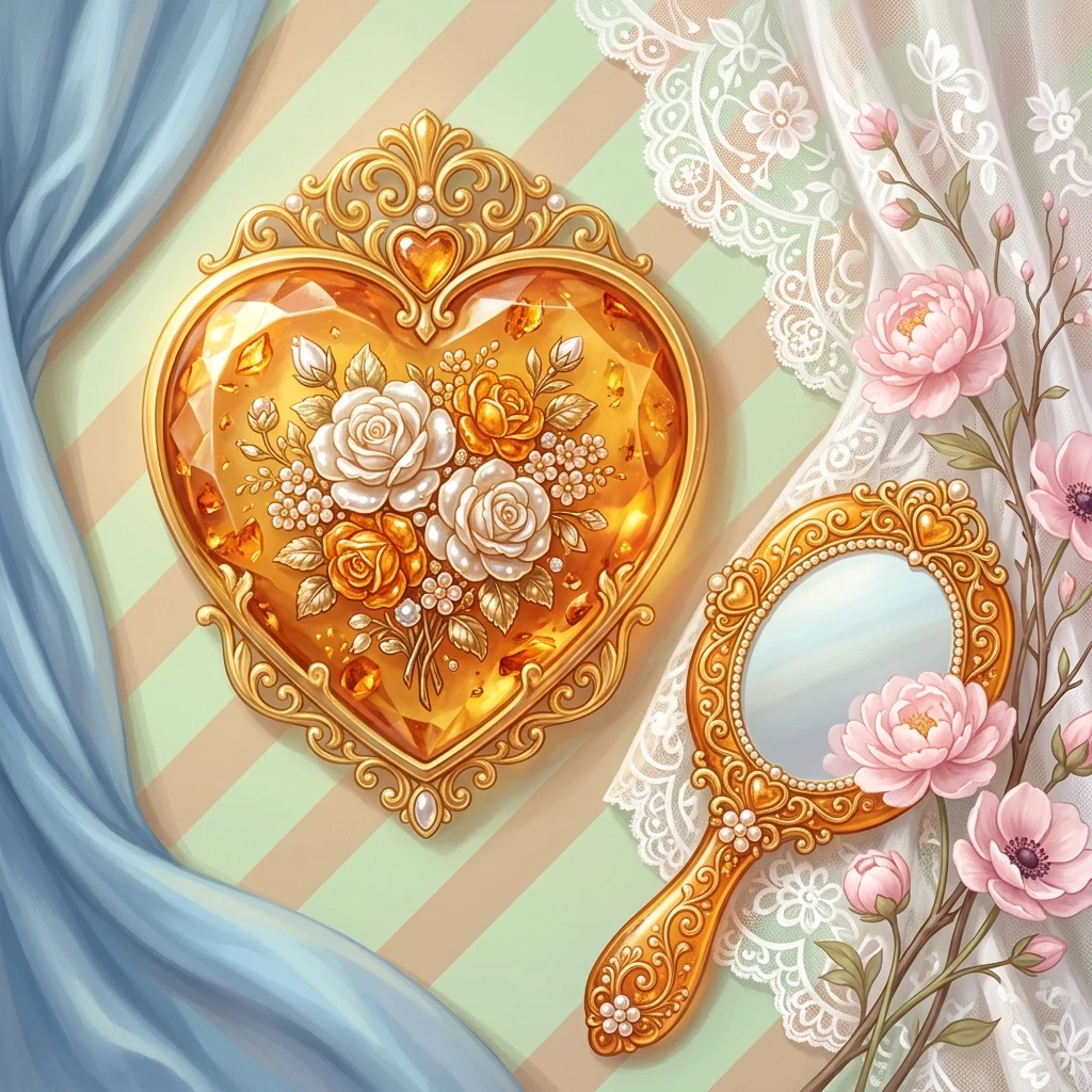 The image shows a bright and romantic illustration made in soft pastel colors. In the center of the composition is a large amber crest with a golden heart-shaped rim. Its…