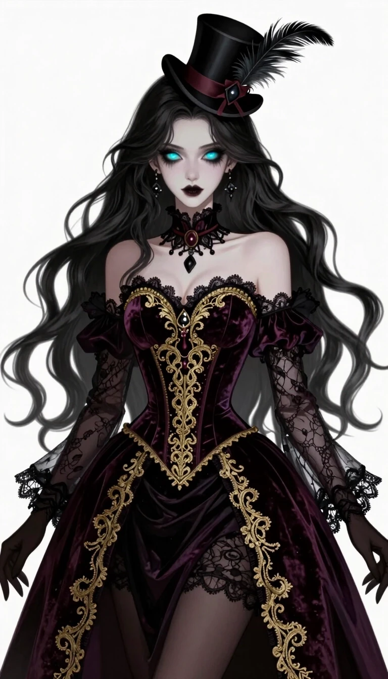Visual novel character sprite style, elegant gothic fortune teller woman, "The Freak Circus" aesthetic, long flowing dark hair, mesmerizing glowing eyes, wearing an…