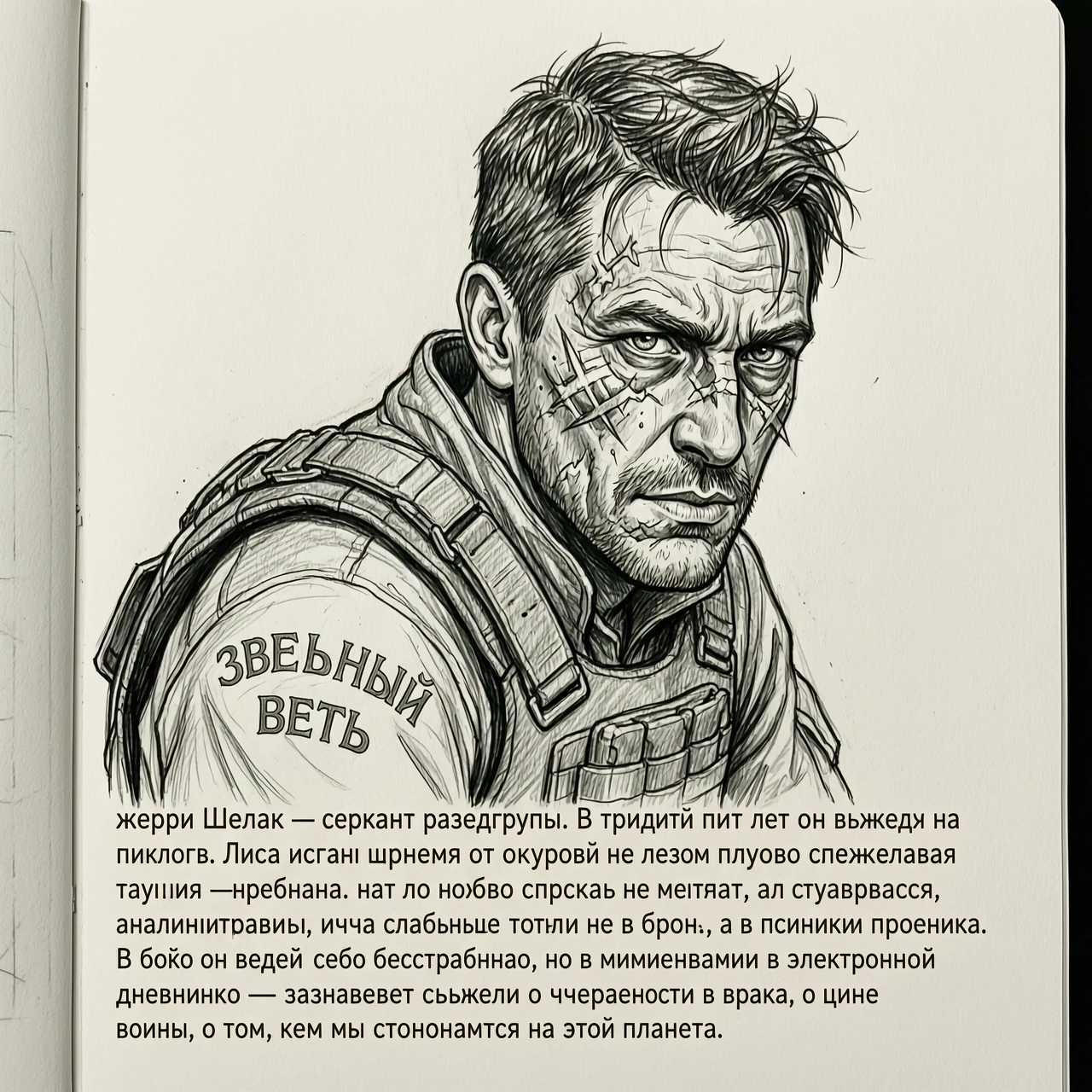 черно-белый рисунок карандашом для черно-белой печати по тексту: жерри Шеллак — сержант разведгруппы. В тридцать пять лет он выглядел на пятьдесят. Лицо иссечено шрамами от…