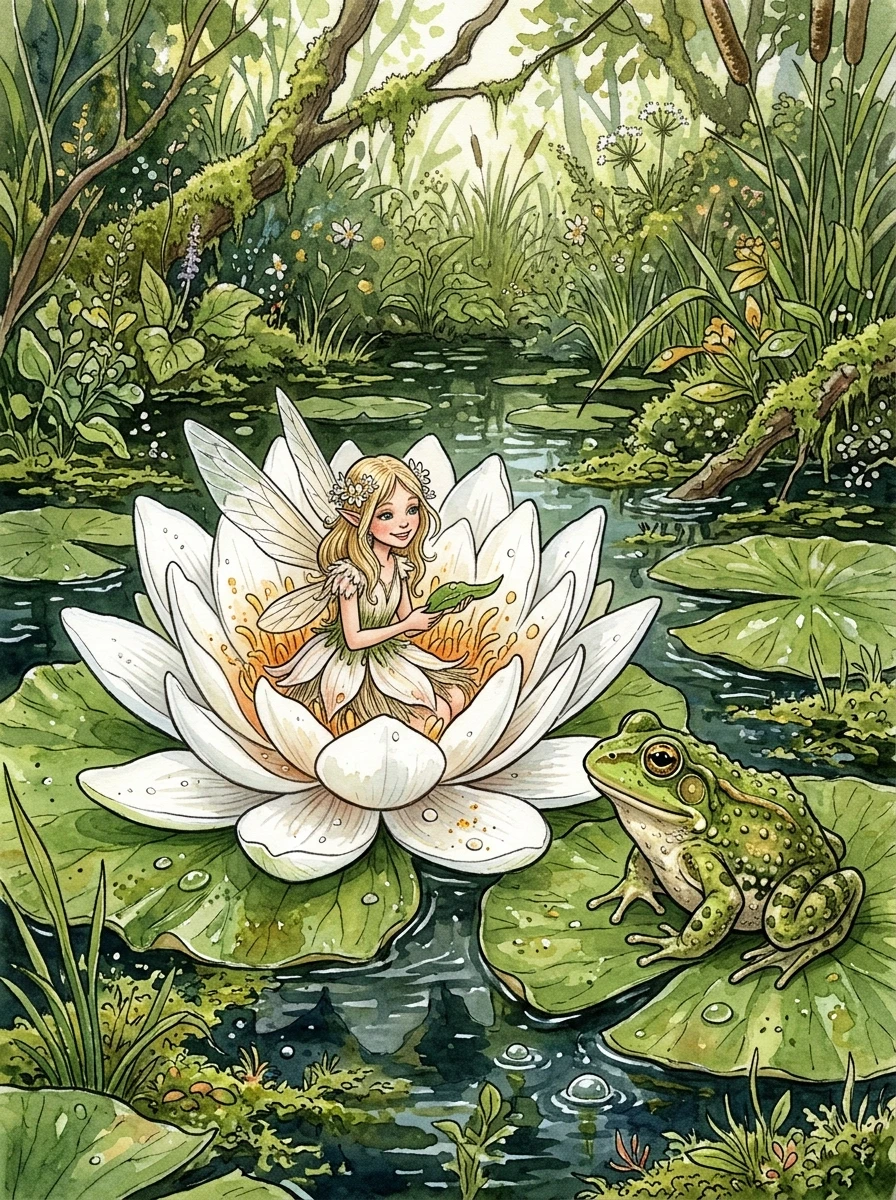 A real masterpiece. How would artificial intelligence depict:((Thumbelina in a lily pad flower in a swamp, and next to it, on another lily pad, sits a frog)). Close-up. High…