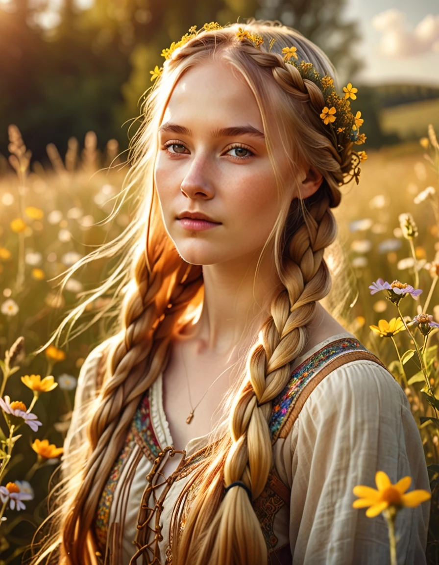 A realistic, high-resolution photo of a fair-skinned maiden with extremely long, shiny golden hair braided with delicate wildflowers. Bright, warm sunlight hits her hair, making…