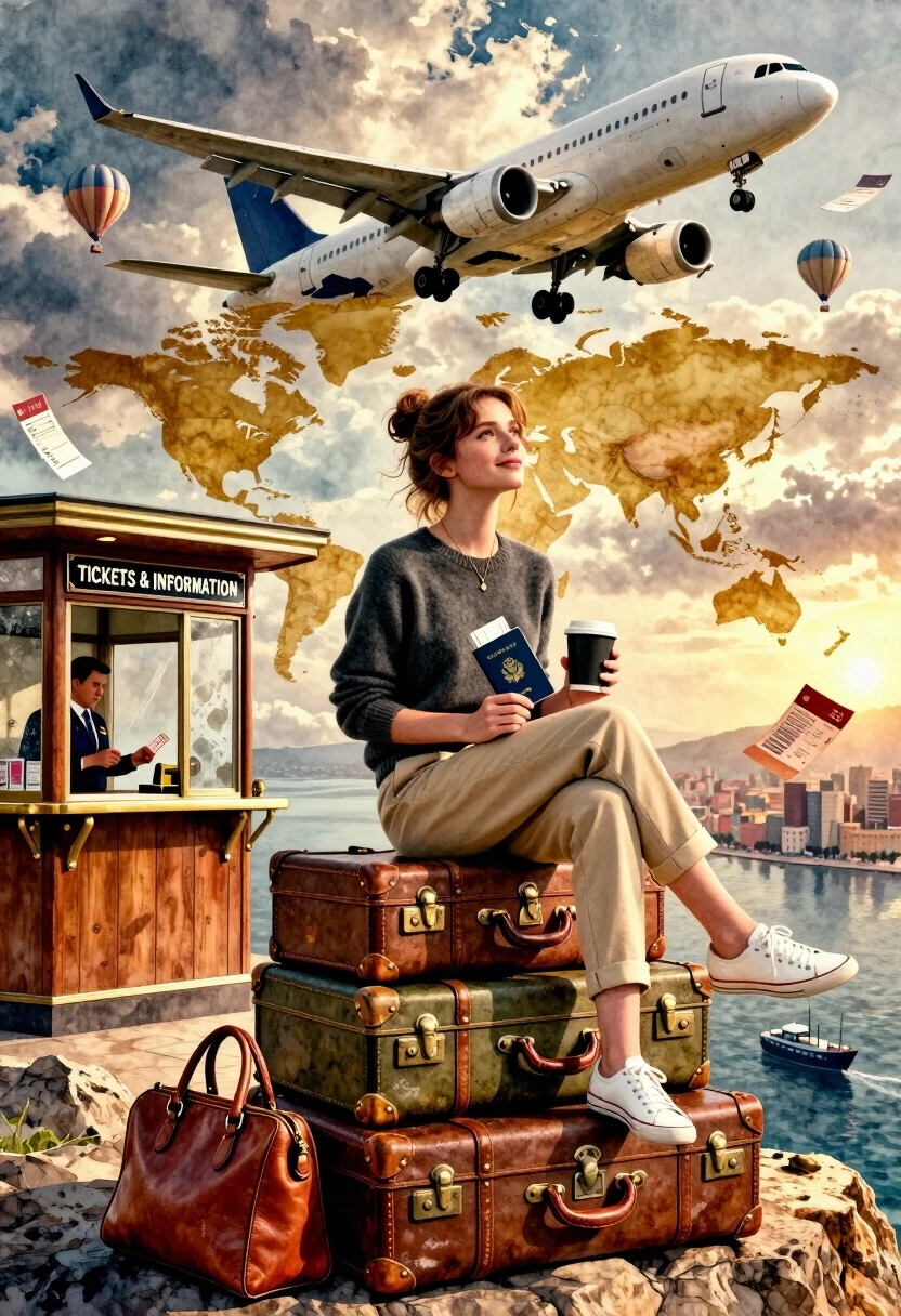 Photorealistic cinematic still, 8K resolution, hyper-realistic style with subtle mixed-media overlay: watercolor washes at the edges and sky, while all figures, textures, and…