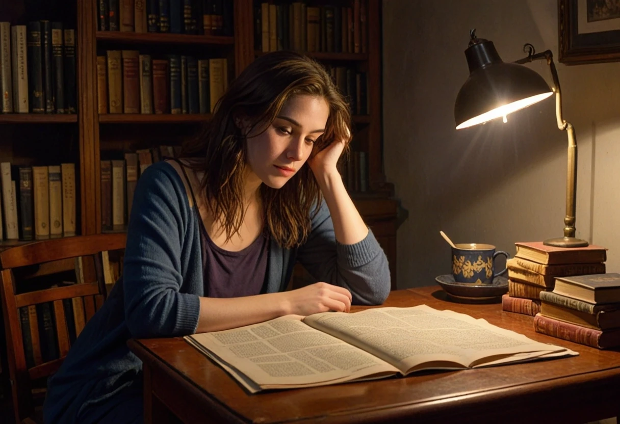 Young woman with shoulder-length brunette hair and fair skin sitting alone in dark cozy study late at night, surrounded by old books, cold tea cup on desk, tired and…