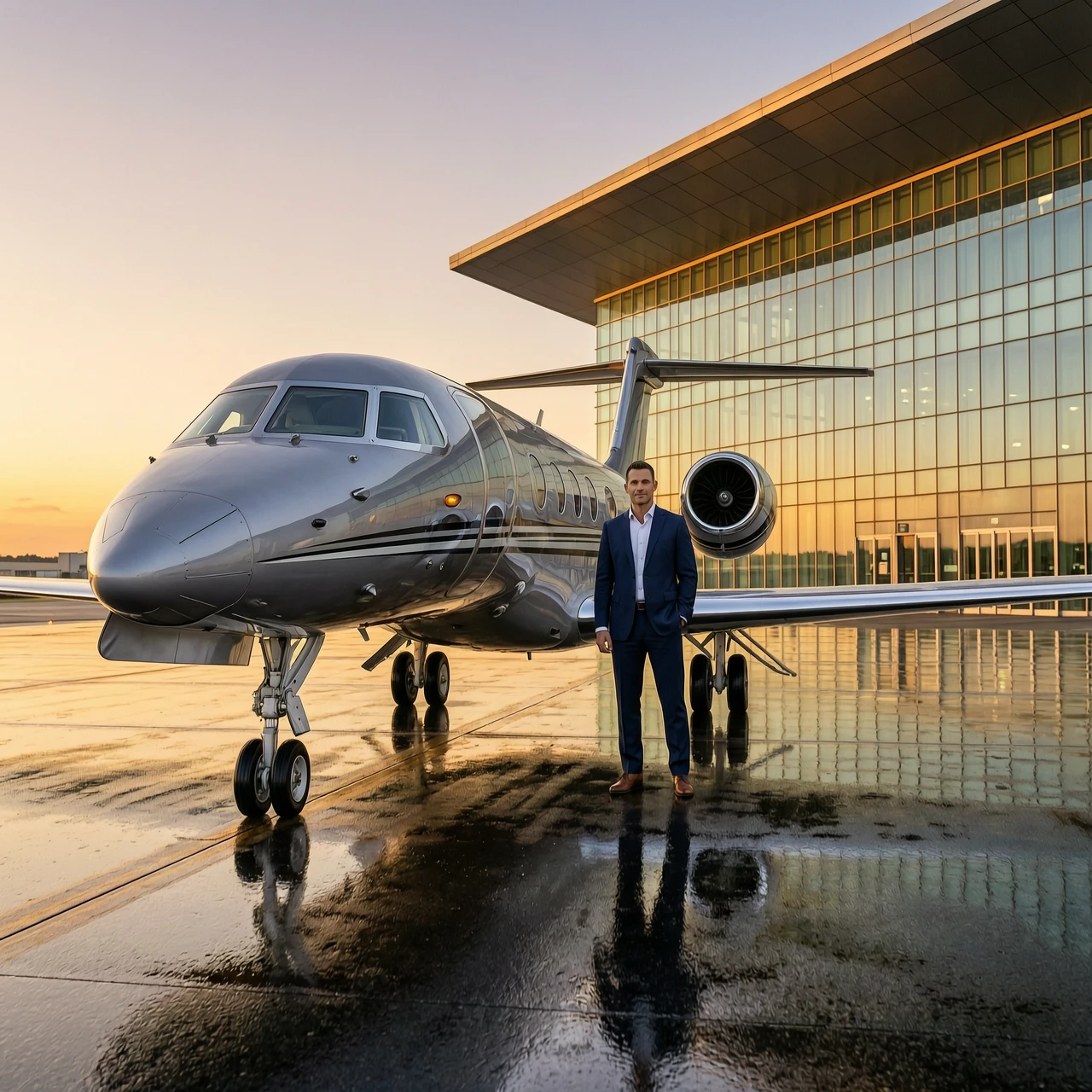 Cinematic hyper-realistic photography of a prestigious private aviation scene. A sleek, modern luxury private jet stands on a polished wet tarmac of a high-end airport terminal…