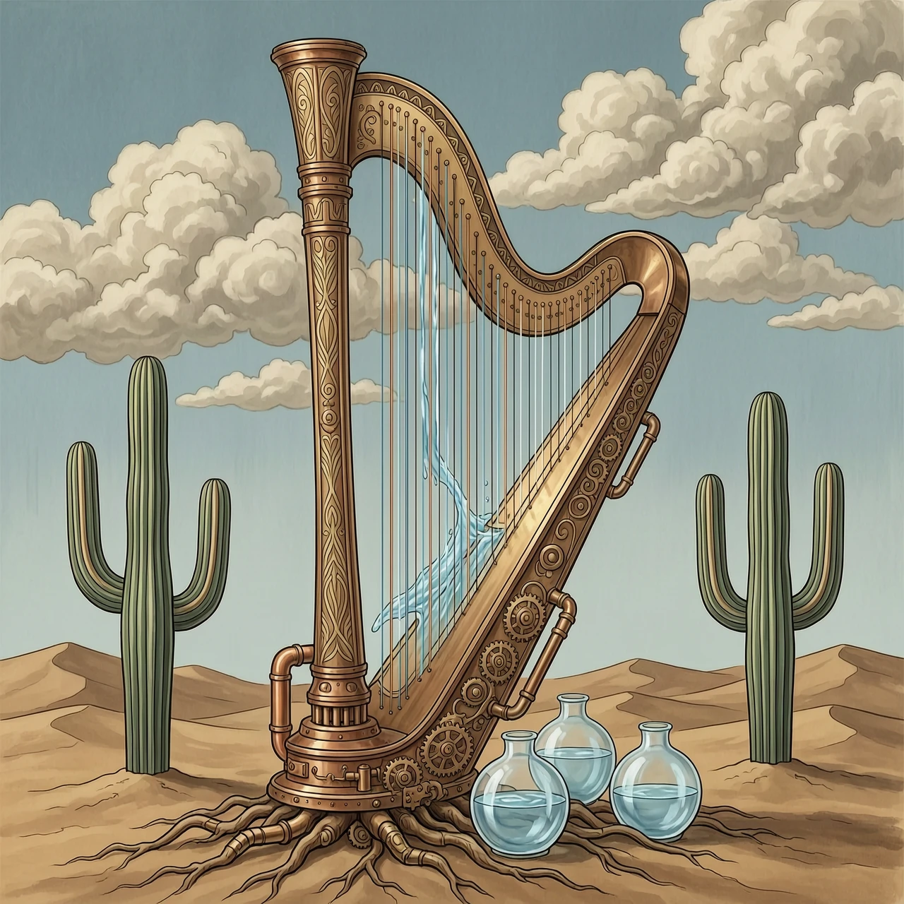 The image depicts a surreal and artistic scene set in a desert landscape under a cloudy sky. The central element is a large, ornate harp that appears to be metallic and…
