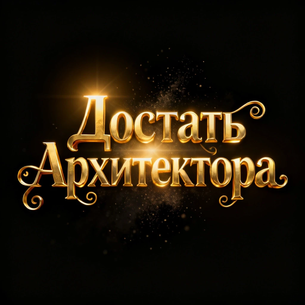 Cinematic glowing golden title text in Russian: "Достать Архитектора" with curlicues, luxury metallic gold figured letters, soft golden glow and light bloom around the…