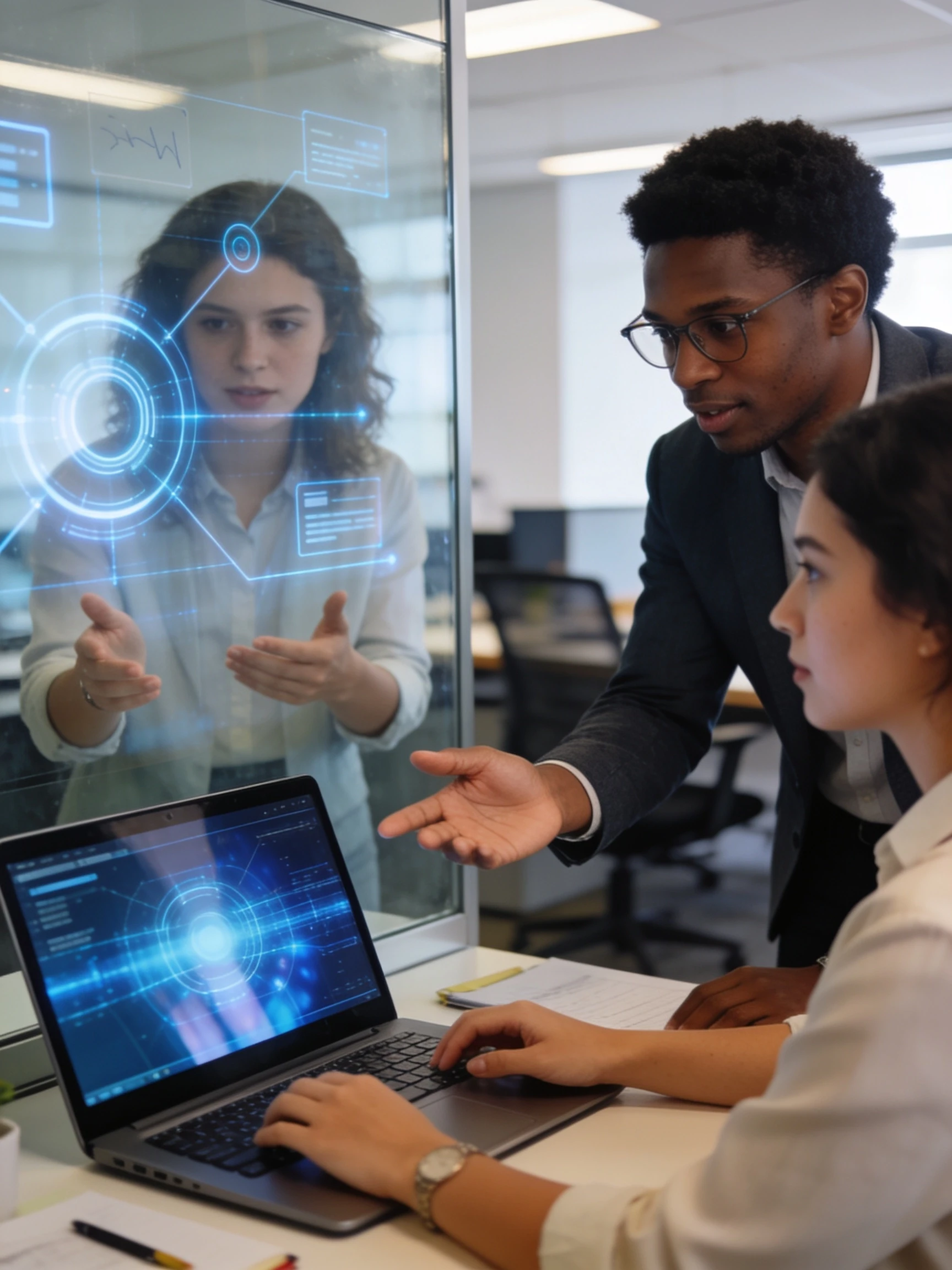 Photorealistic commercial stock photo of a diverse multicultural team of young professionals collaborating on an artificial intelligence project in a modern office, discussing…