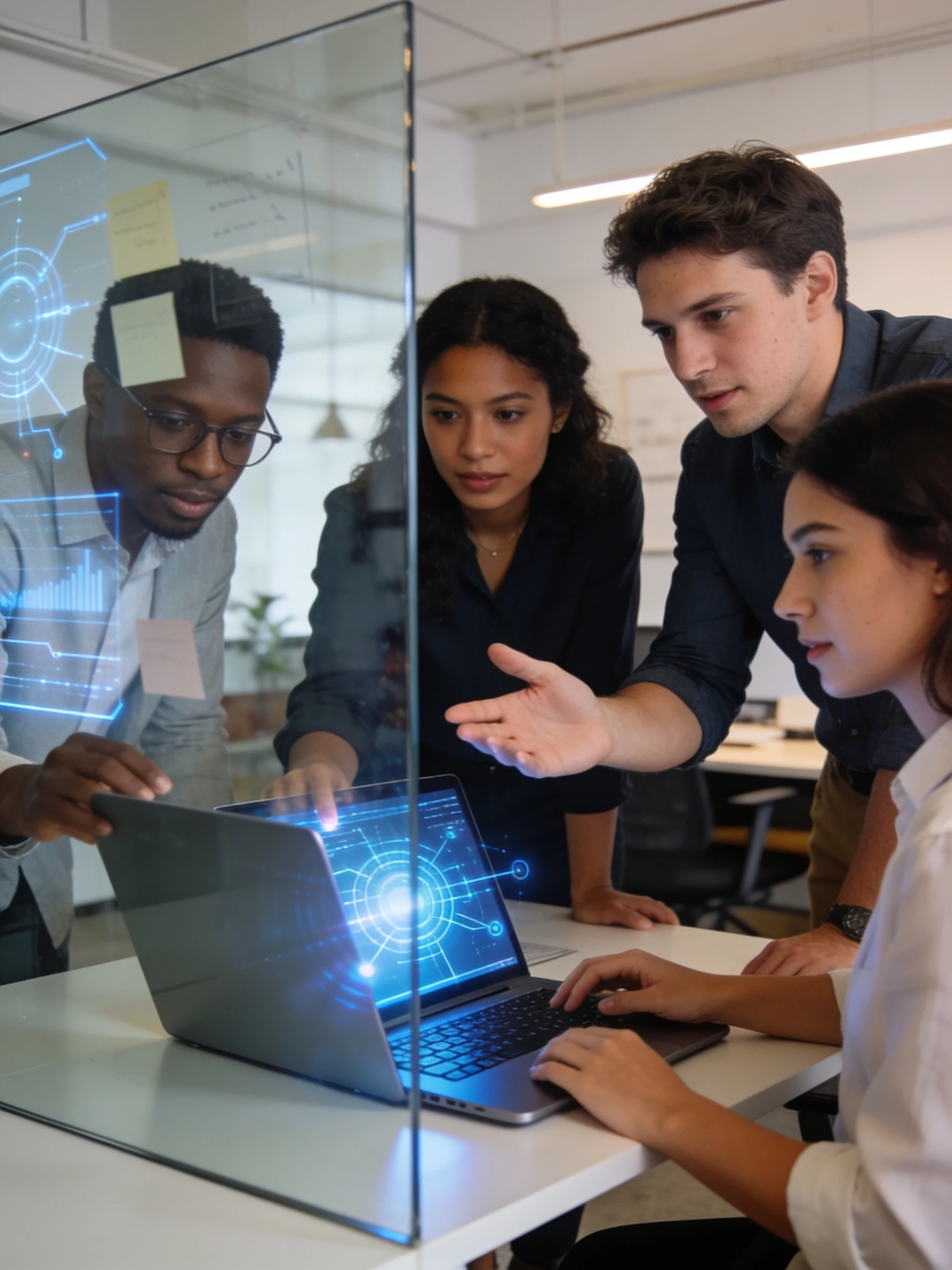 Photorealistic commercial stock photo of a diverse multicultural team of young professionals collaborating on an artificial intelligence project in a modern office, discussing…