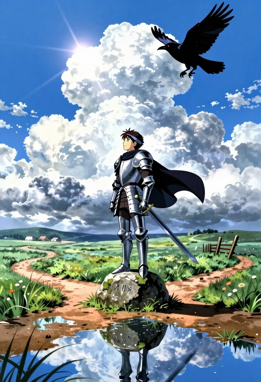 90s anime aesthetic, Makoto Shinkai / Satoshi Kon mood, vibrant blue sky with sculpted cumulus clouds, strong sunlight, lens flare, wet ground with perfect reflections,…