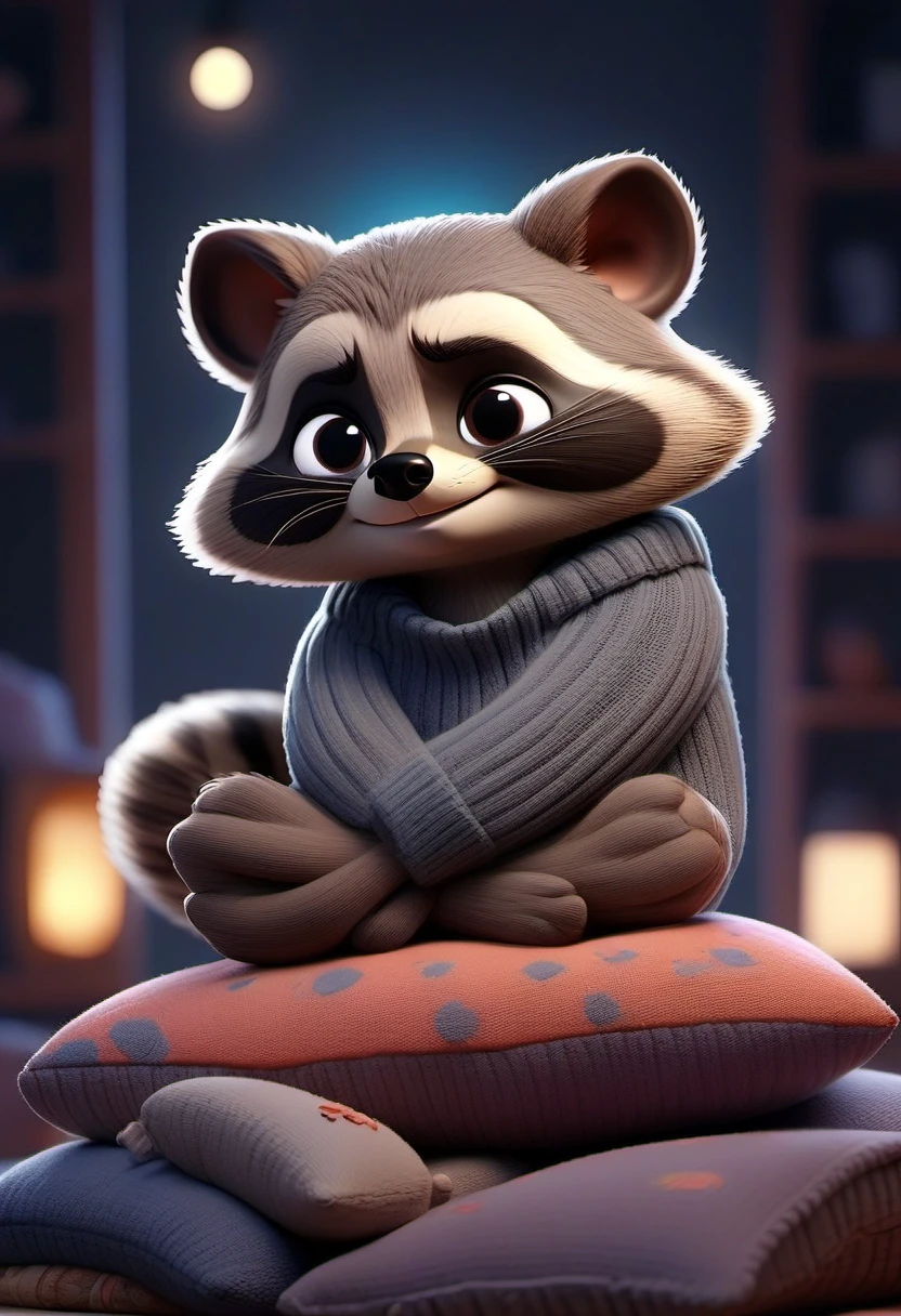 Создай 3D‑иллюстрацию в стиле Pixar для открытки В центре — милый енот в крошечном вязаном свитере, он сидит на стопке мягких подушек и прижимает к себе маленькую плюшевую…