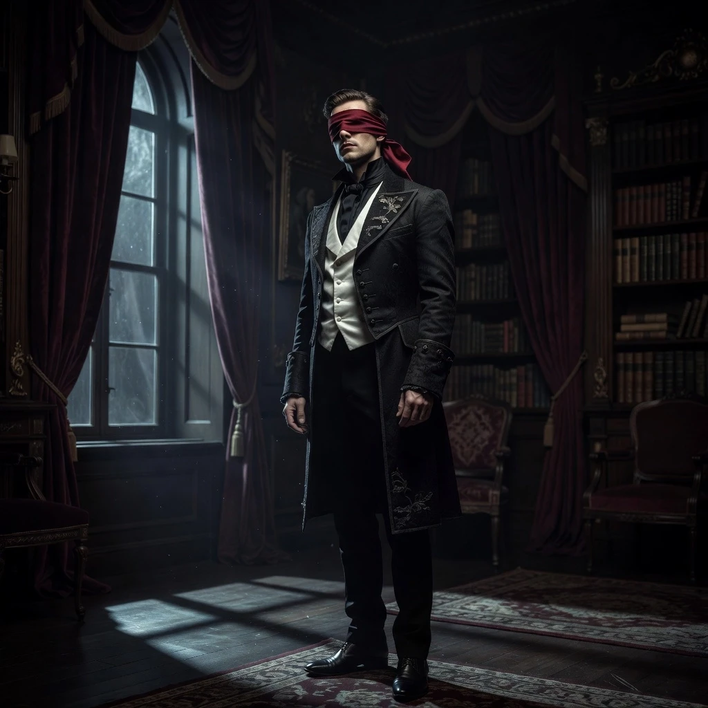 Cinematic portrait of a man dressed as a Victorian-era jester, wearing a sophisticated black tailored frock coat with intricate textures, a crisp white silk waistcoat, and slim…