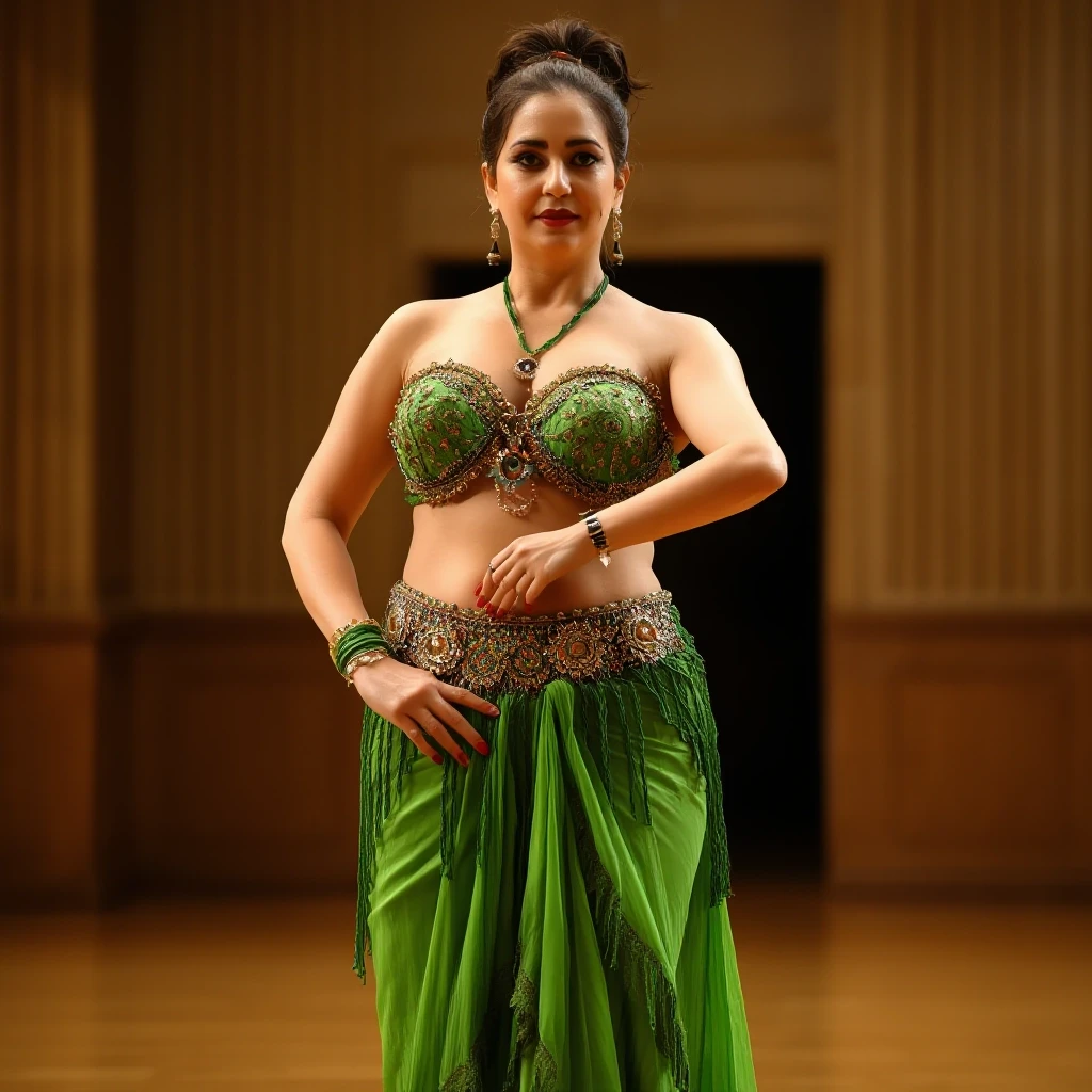 front view chubby belly dancer fifty years woman in green costume brown short ponytail hair stand in hall — работа пользователя Прекрасная Мантикора