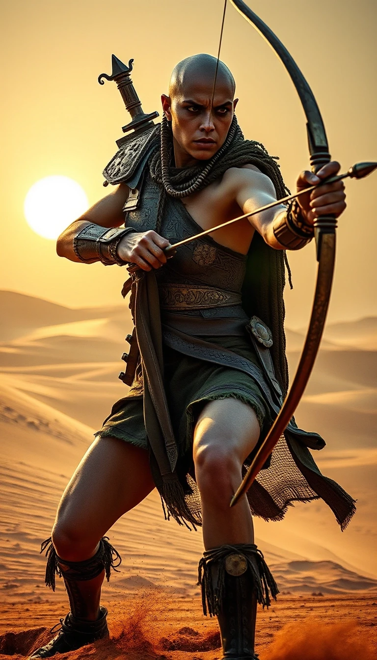 In full height! Evil fierce female warrior-slaver from a warlike desert tribe, bald woman with weathered skin and intense gaze, wearing primitive hand-forged bronze armor with…