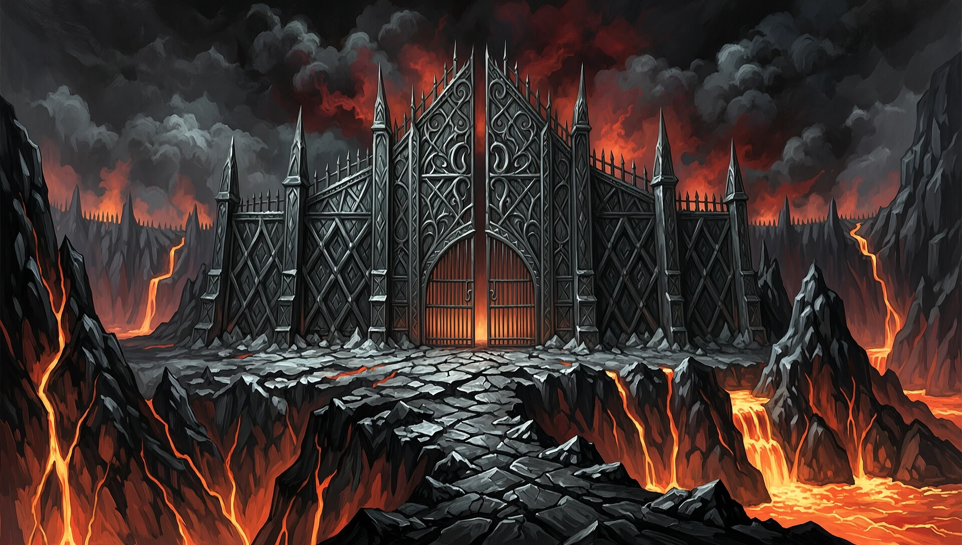 Dark fantasy oil painting artwork, widescreen 16:9 layout. The monumental iron fortress of Angband, the underground citadel of Morgoth, strictly built according to J.R.R.…