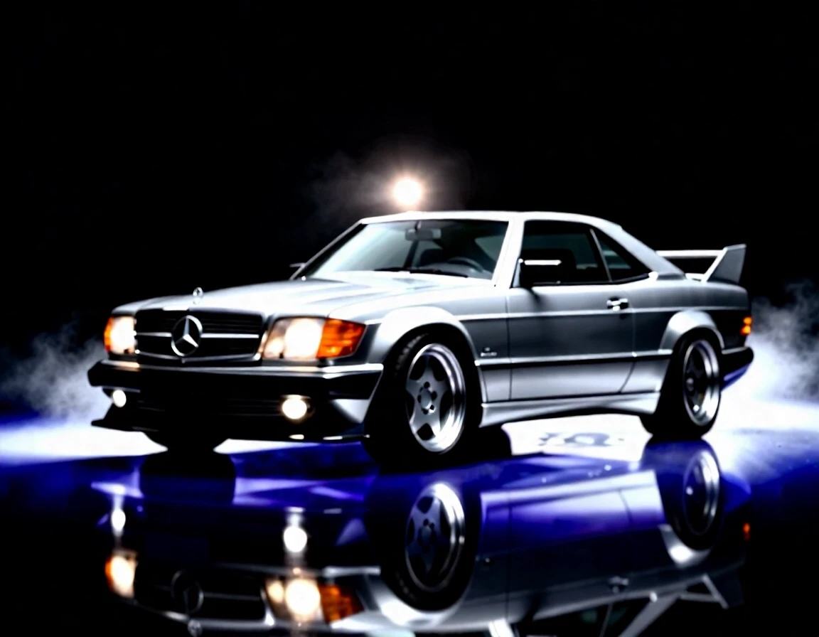 Subject: Mercedes-Benz 560 SEC W126 AMG widebody coupe, two-door Color: silver metallic body, polished, deep reflective paint finish Wheels: AMG Gullideckel monoblock wheels,…