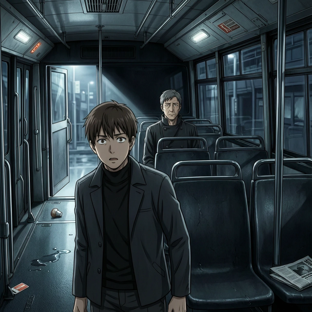 Vertical 9:16, cinematic psychological anime thriller. Interior of a nearly empty futuristic city bus at night. The bus interior is dark and silent. Cold light from outside…