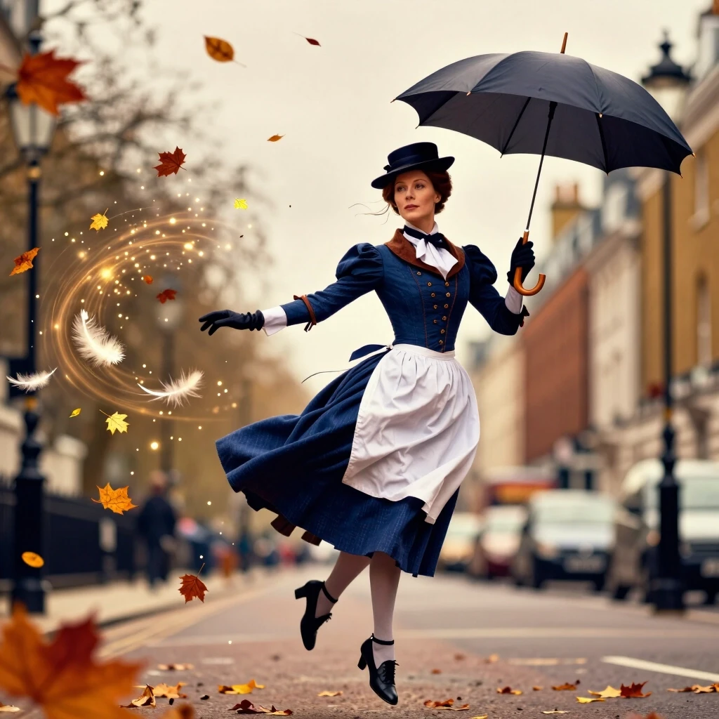 A fantastically realistic image: Mary Poppins is floating in the air, and a gentle whirlwind of autumn leaves, golden sparks, and tiny feathers swirls around her. Her posture is…