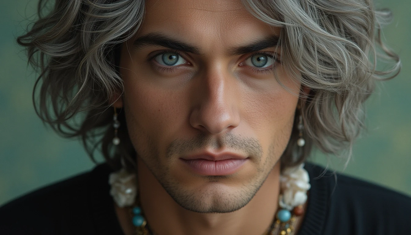 Emmanuel Kant, philosopher, large expressive eyes, lots of mother-of-pearl jewelry, gray hair, tousled in the wind, aesthetics of the male body, close-up, portrait, professional…