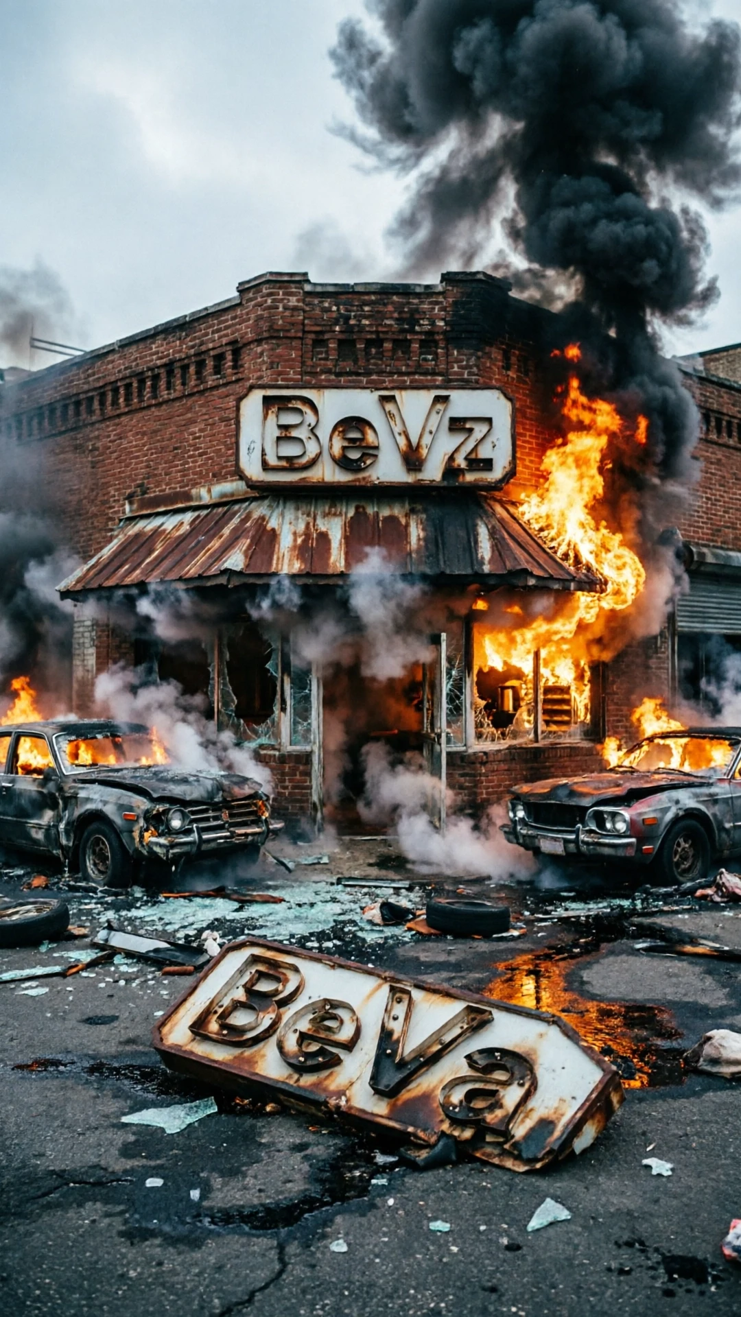 большой американский город кафе с названием из 6 букв "BeVz" две последние Ya валяются на асфальте кафе горит машины горят — работа пользователя Ясный Лепесток