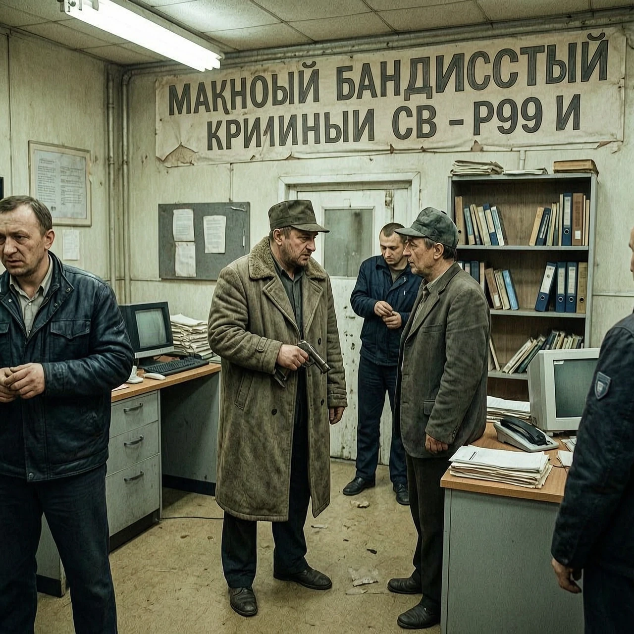 нужна картинка отражающая махровый бандитский криминал 90-х в россии относящийся к банковской среде картинку с надписью нужно убрать со стены и повеселее тона нужно — работа…