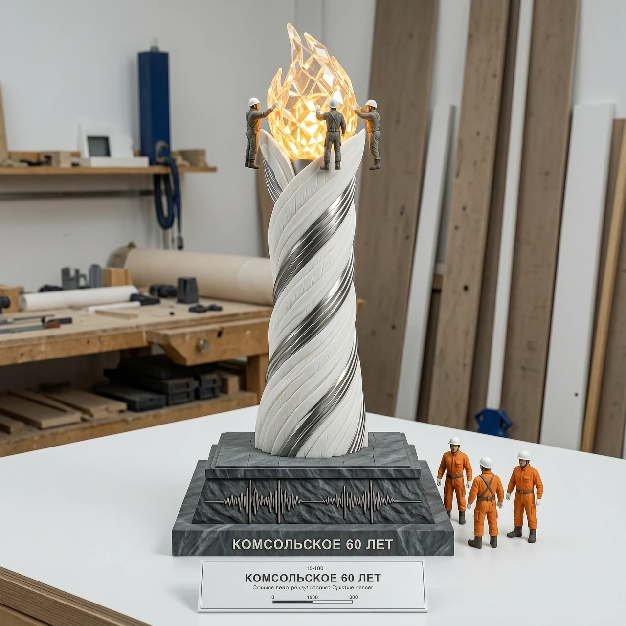 A photograph of an architectural scale model of a monumental gas torch sculpture. The model is white 3D-printed resin with metallic silver accents. Twisting spire like a flame…