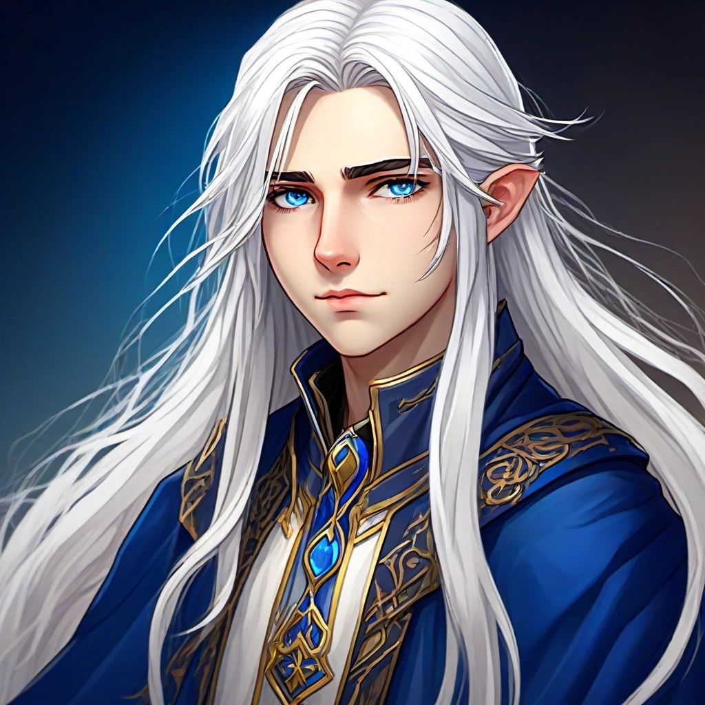 A 14-year-old boy with long, flowing white hair and blue eyes. He is serious and dressed in a fantasy costume. Illustration. Attention to detail. — работа пользователя Пряный…