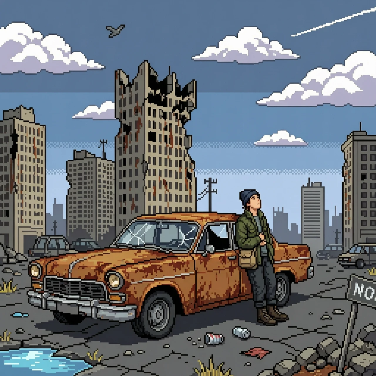 Пиксель арт. 2D. Старый ржавый автомобиль. Рядом сидит человек, облокотившись на него, и смотрит небо. На заднем фоне разрушенные небоскребы. На голубом небе облака. — работа…
